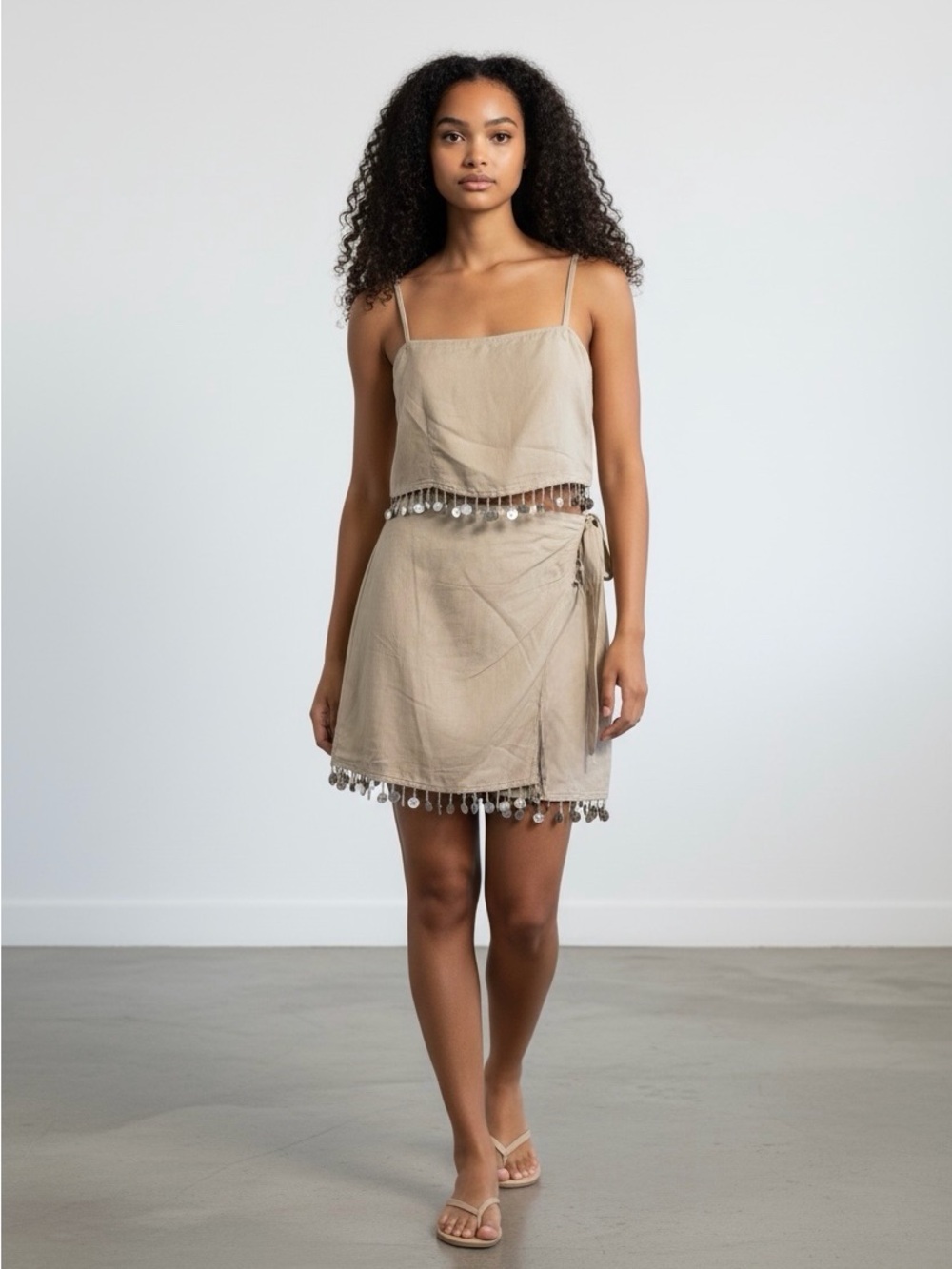 Jason Wu Cropped Linen Blend Tank Top & Faux Wrap Skirt with Shell Fringe-Size 4